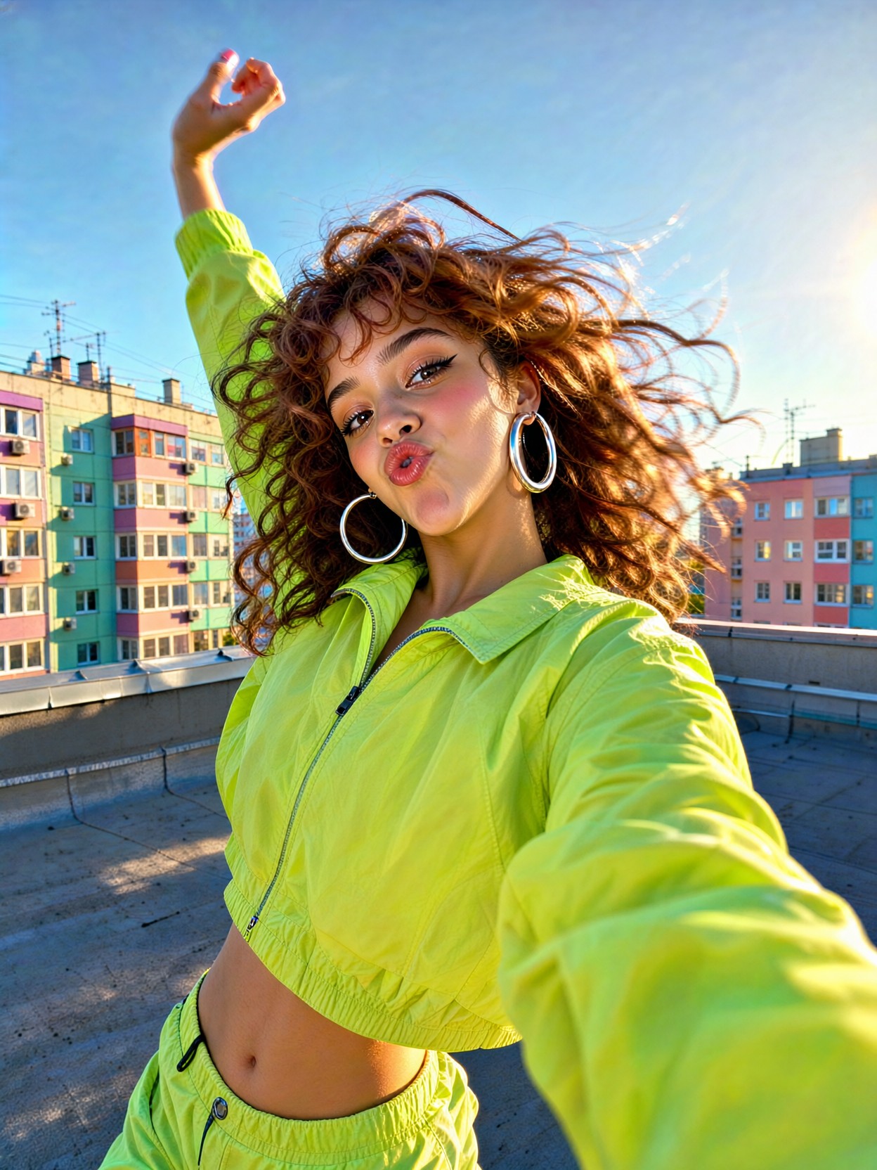 Trendy Woman Dancing Rooftop Selfie — AI generated image