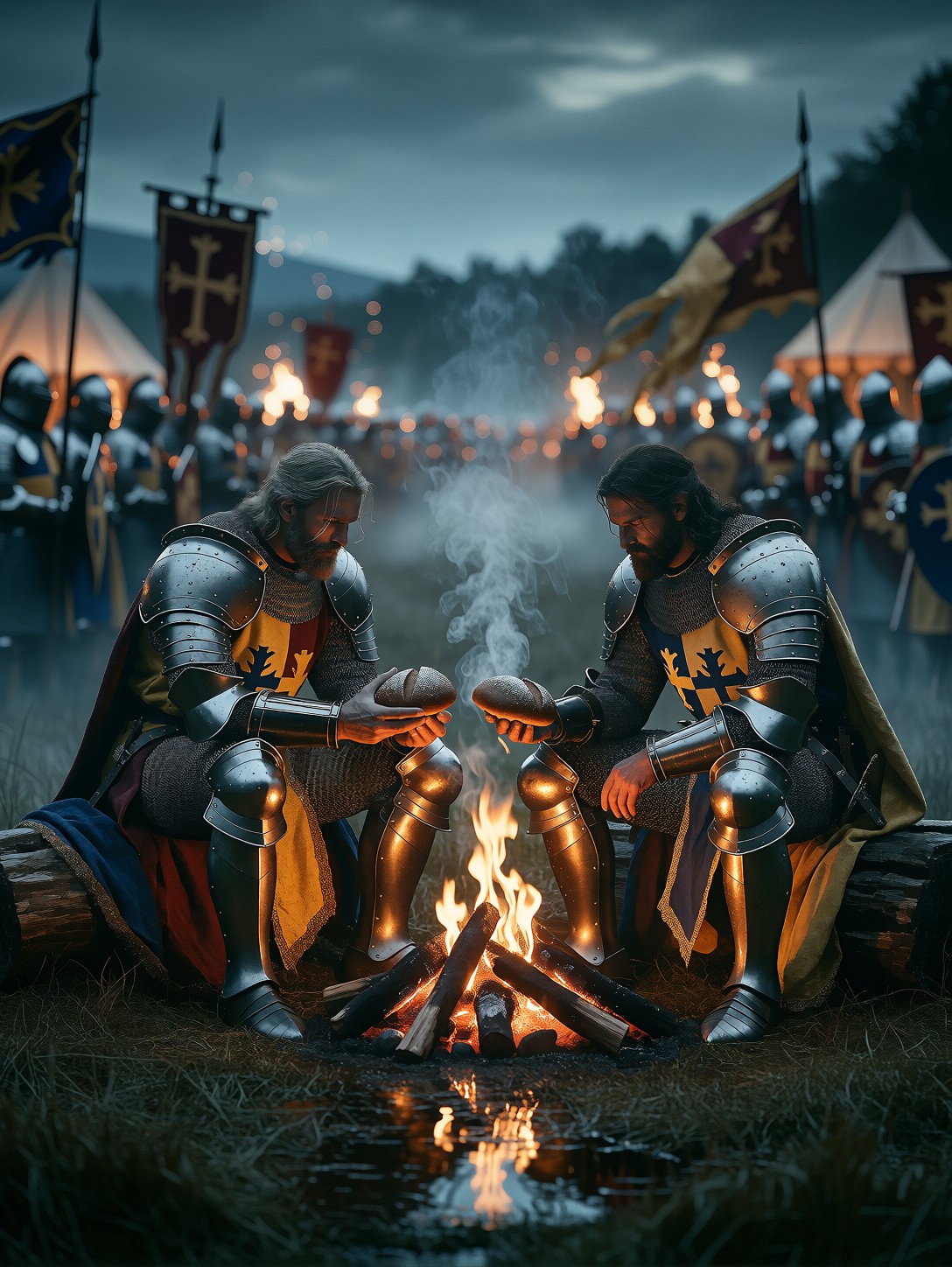 Rival Knights Truce At Campfire — AI generated image