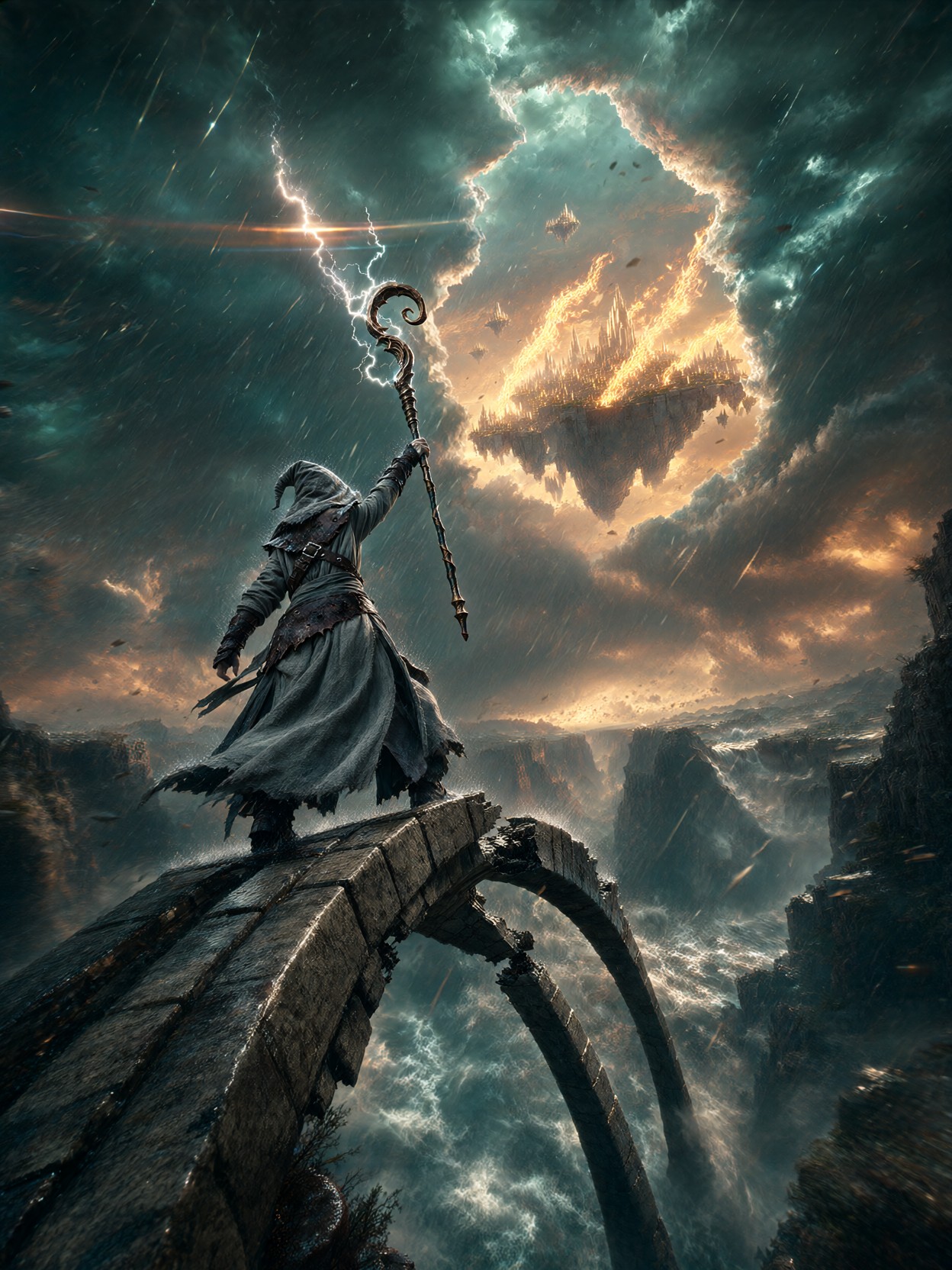 Storm Witch Raising Lightning Staff — AI generated image