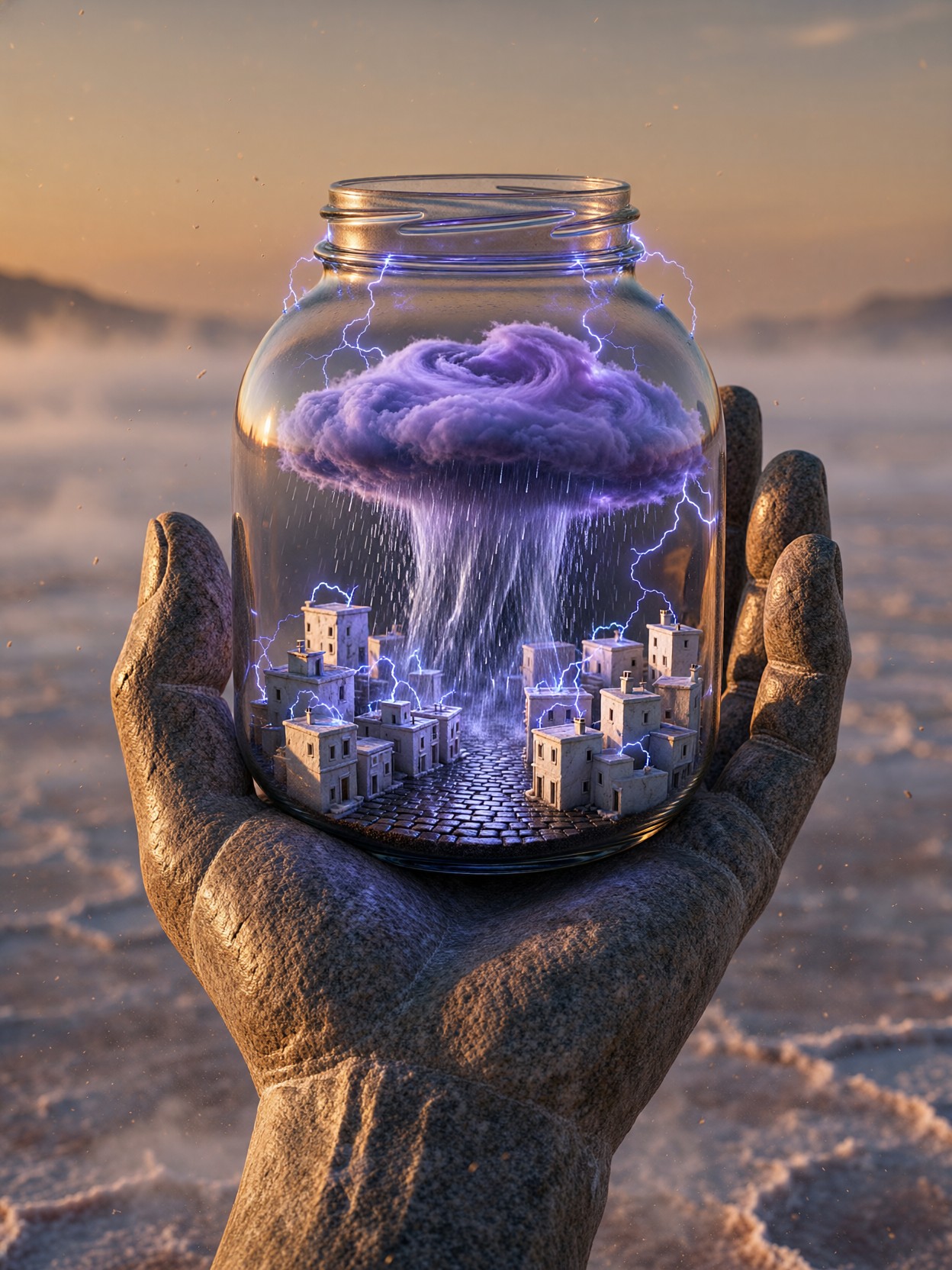 Giant Hand Cradling Terrarium City — AI generated image