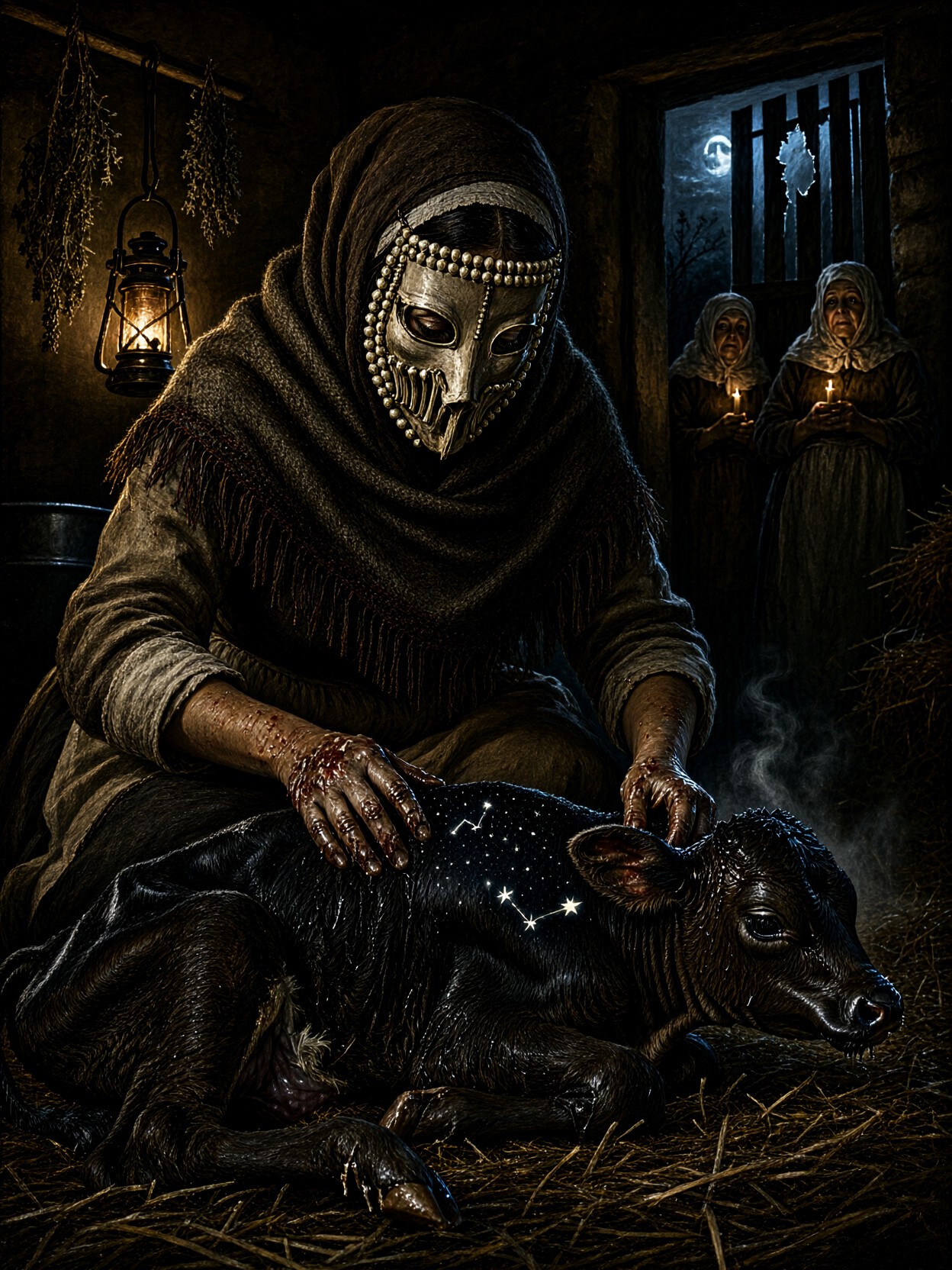 Midwife Assisting Calf In Stone Byre — AI generated image