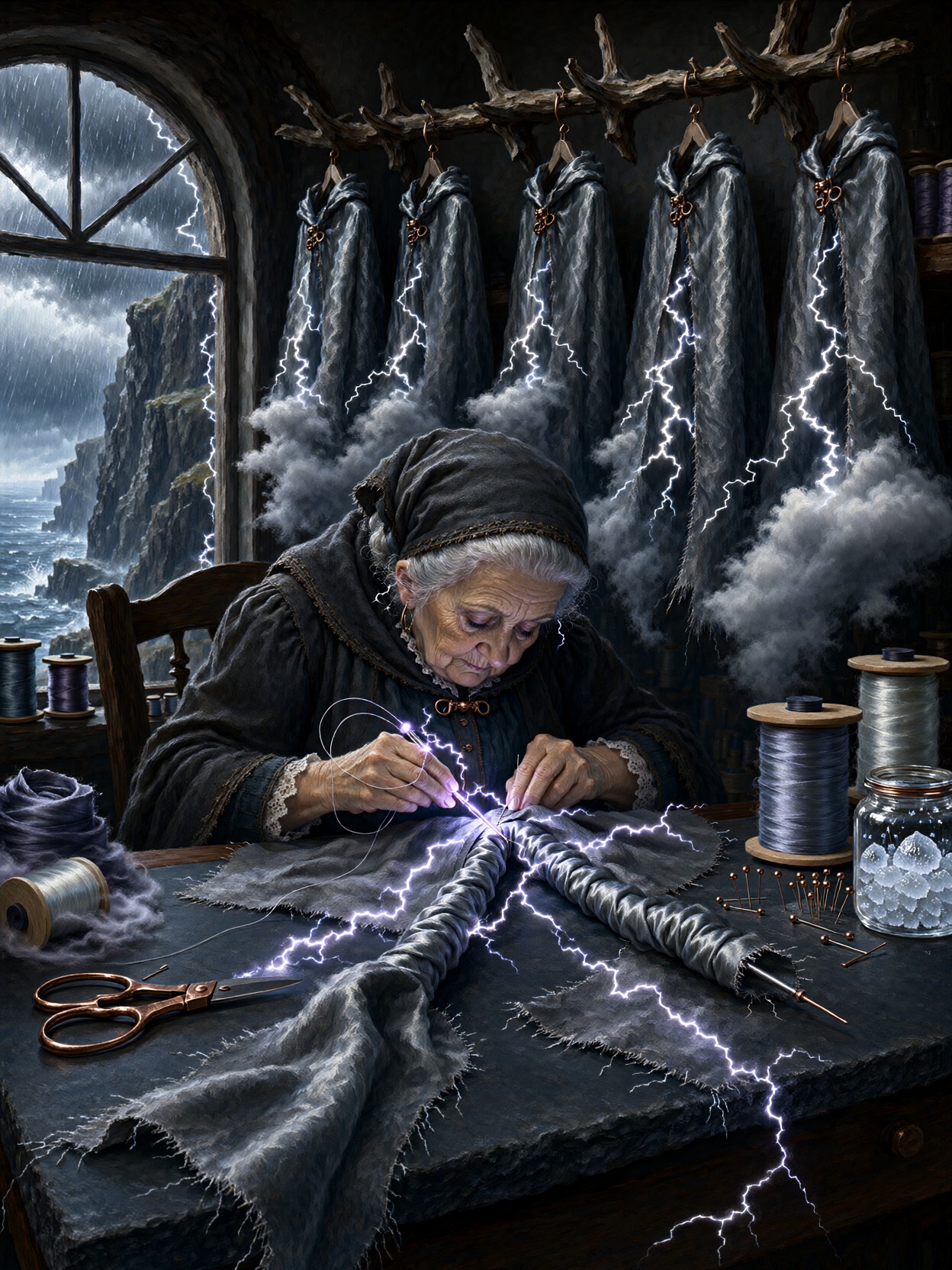Storm Seamstress Stitching Lightning Fabric — AI generated image