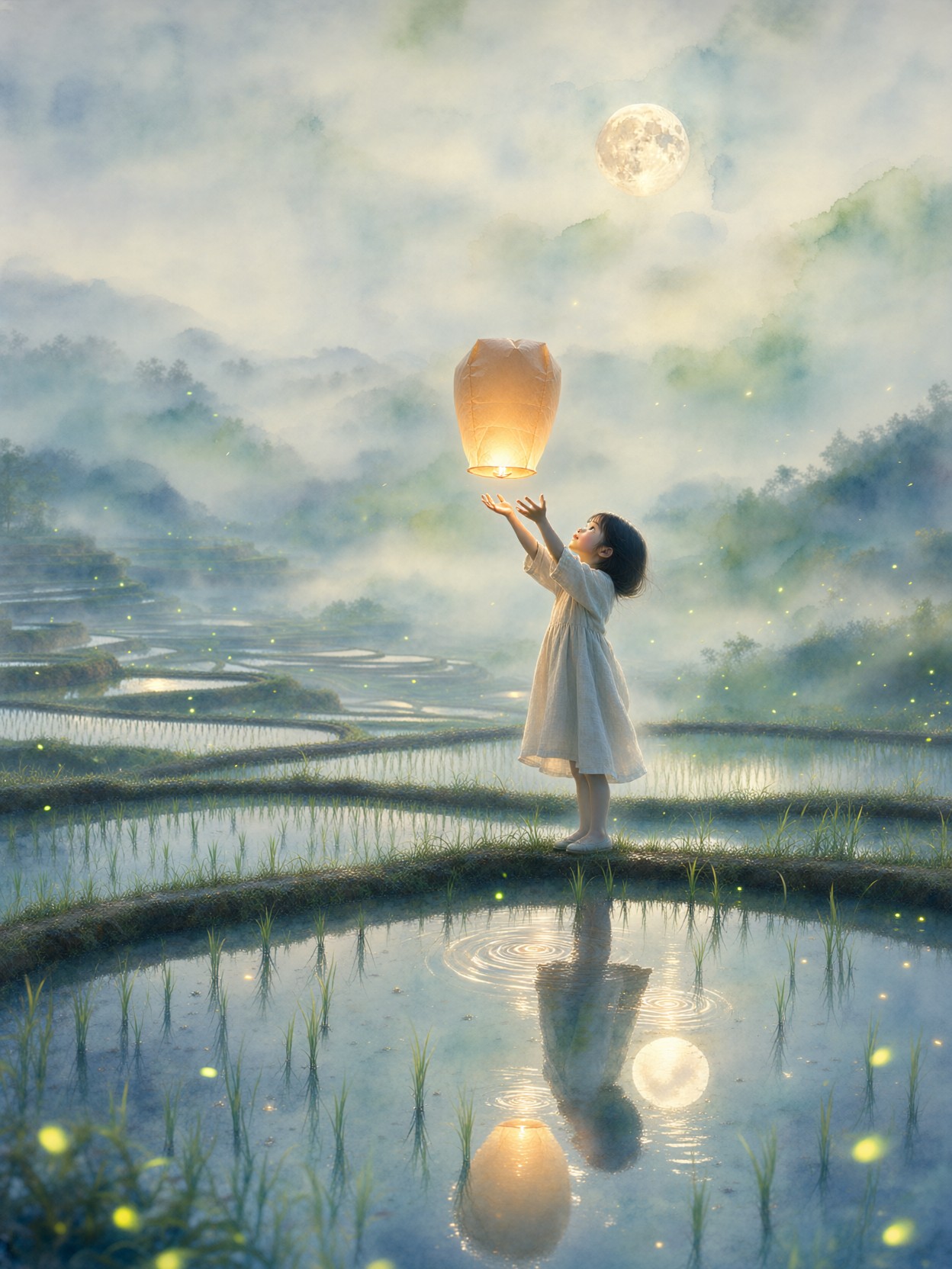 Girl Releasing Lantern Over Moonlit Rice Terraces — AI generated image