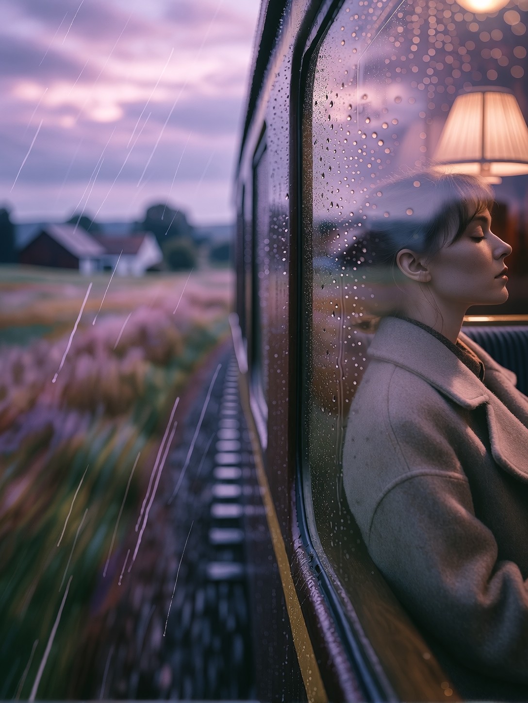 Traveler Resting Against Rainy Train Window — AI generated image