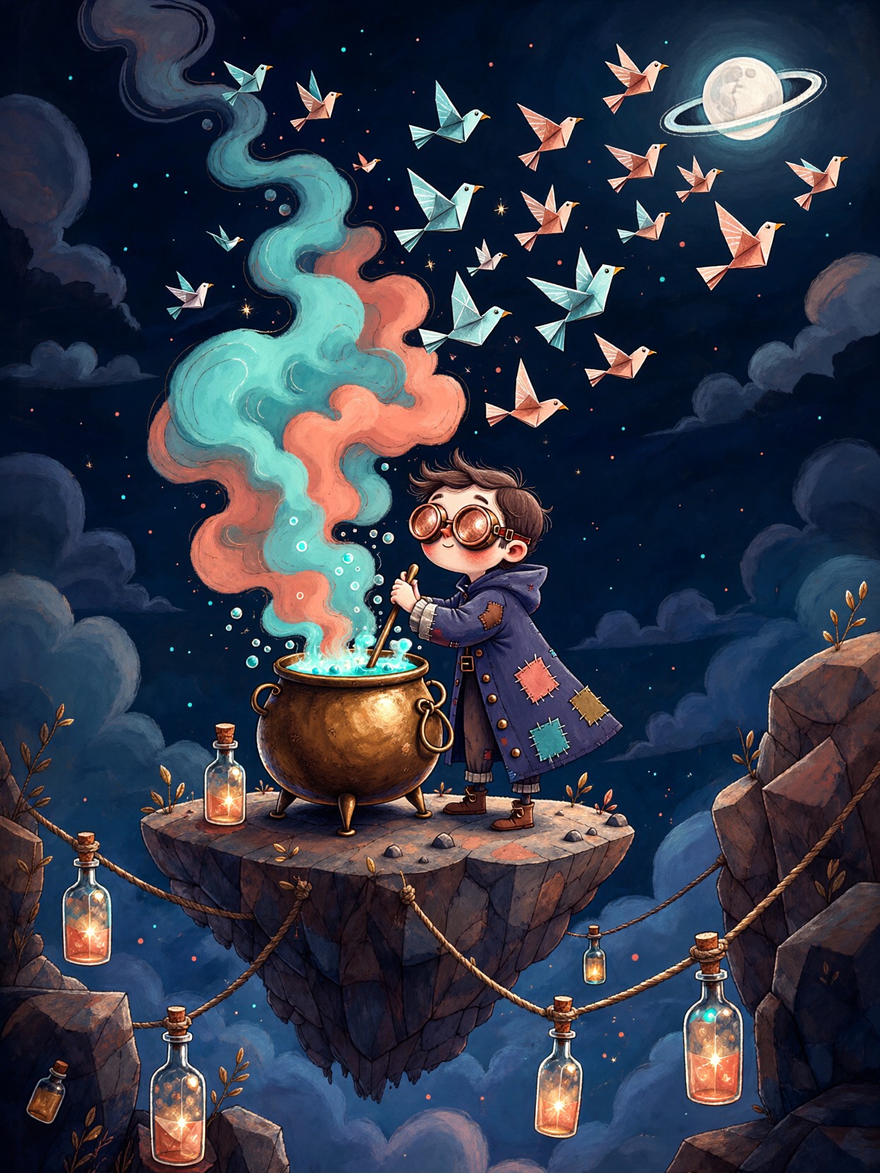 Young Alchemist On Floating Island — AI generated image