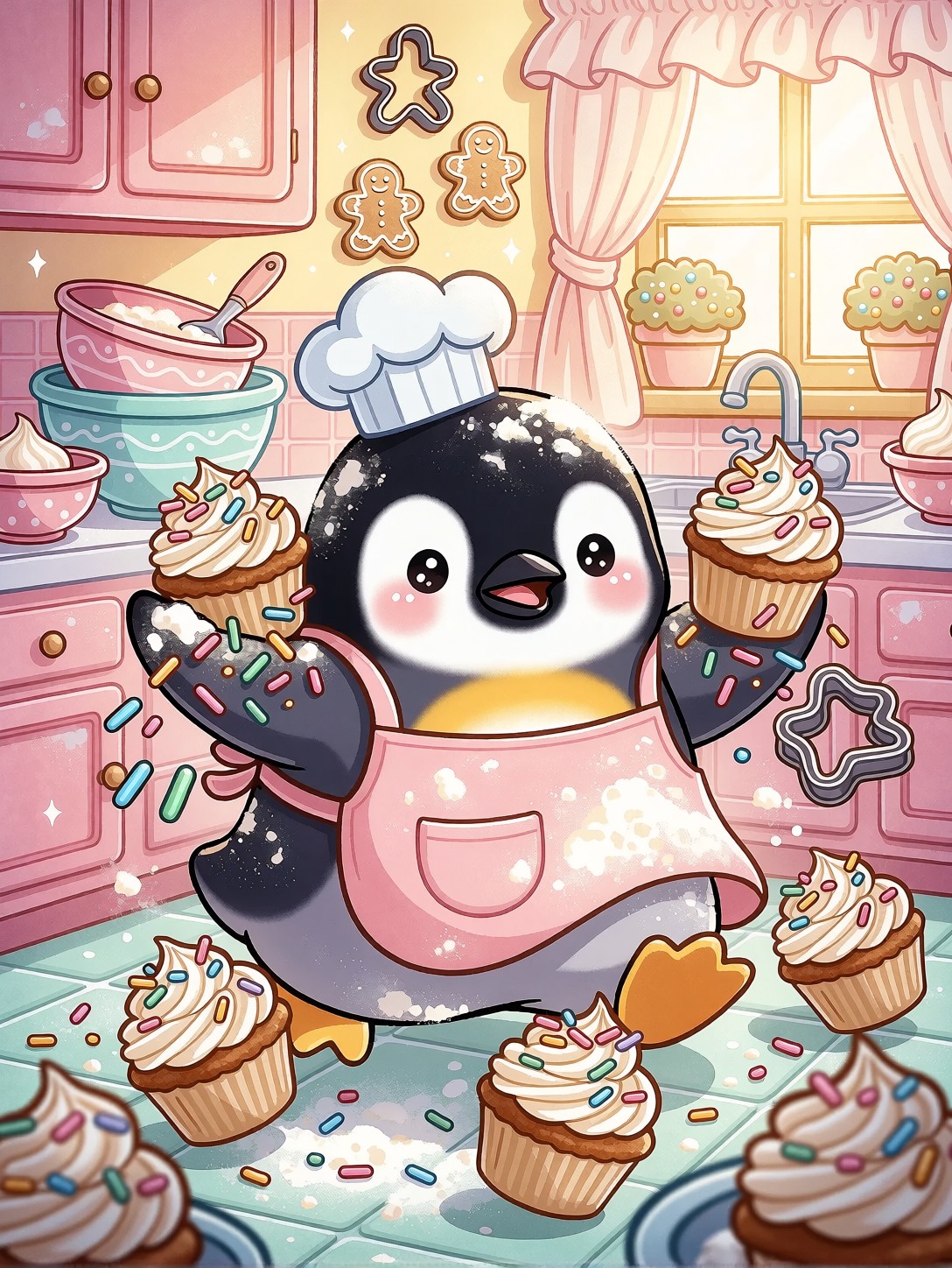 Chubby Penguin Baker Cupcake Disaster — AI generated image