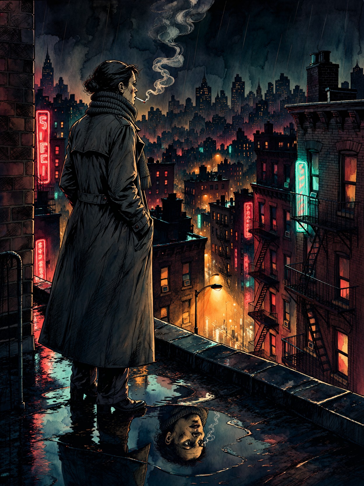 Noir Detective On Rain-Slicked Rooftop — AI generated image