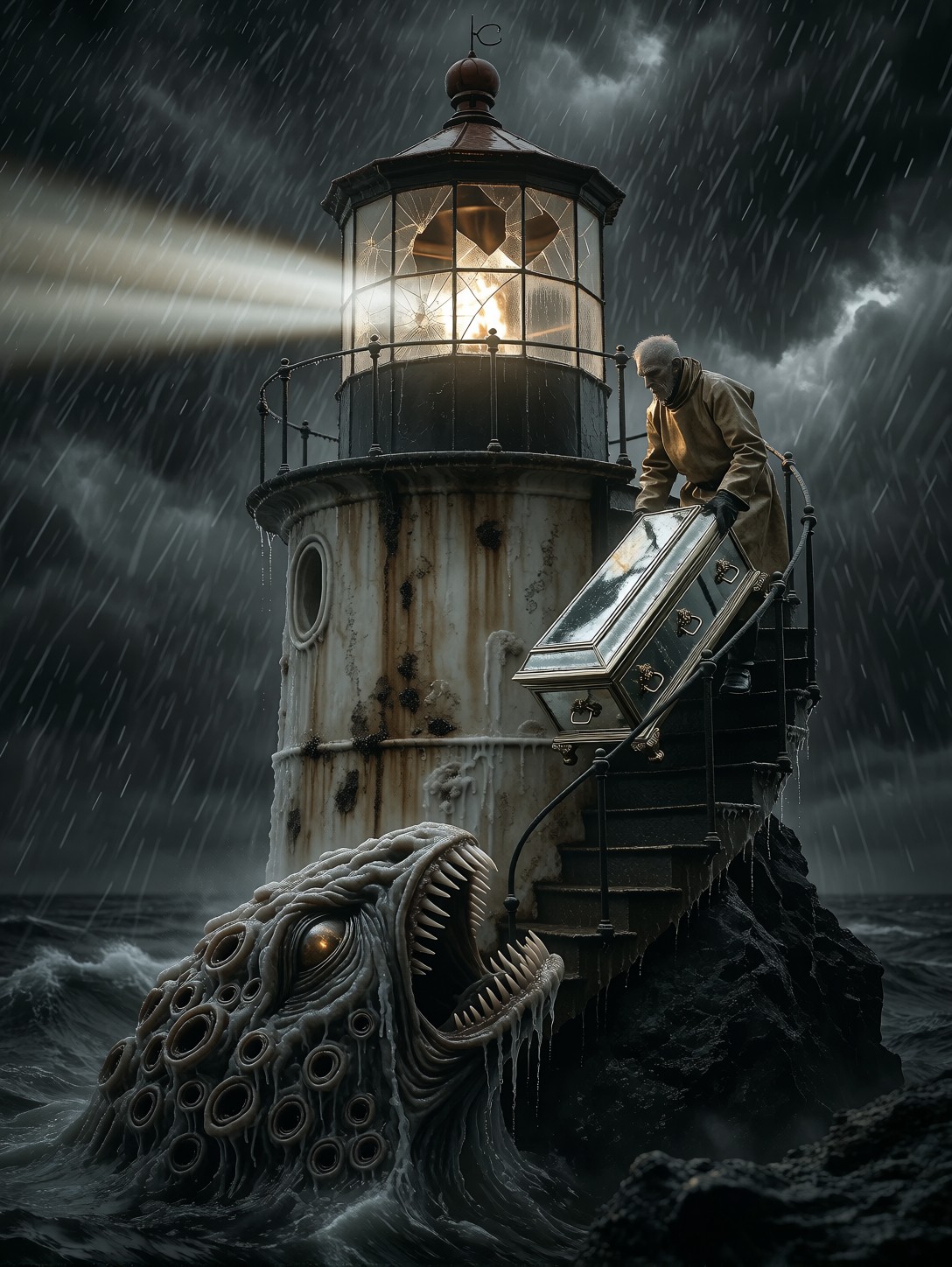 Lighthouse Keeper Feeding Reflections To Flame — AI generated image