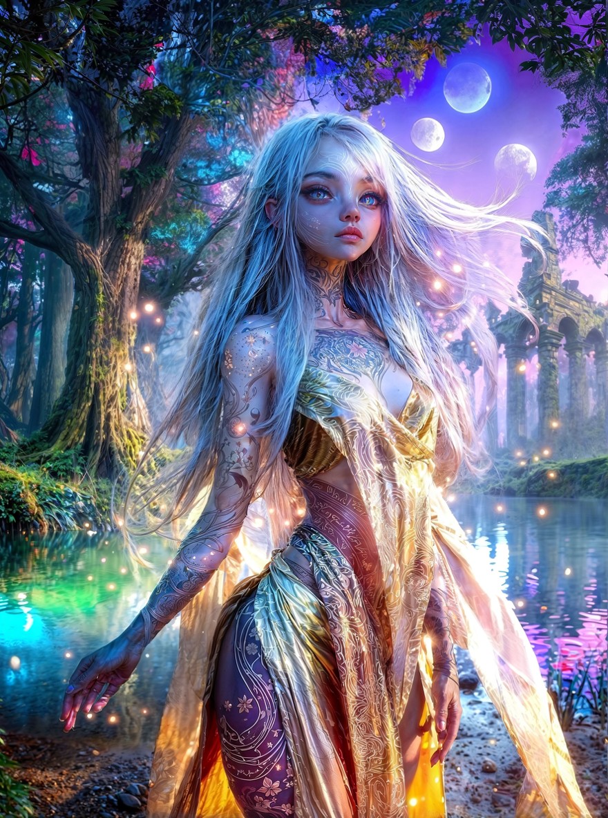 Luminous Alien Femme at Glacial Lake Under Violet Moons — AI generated image