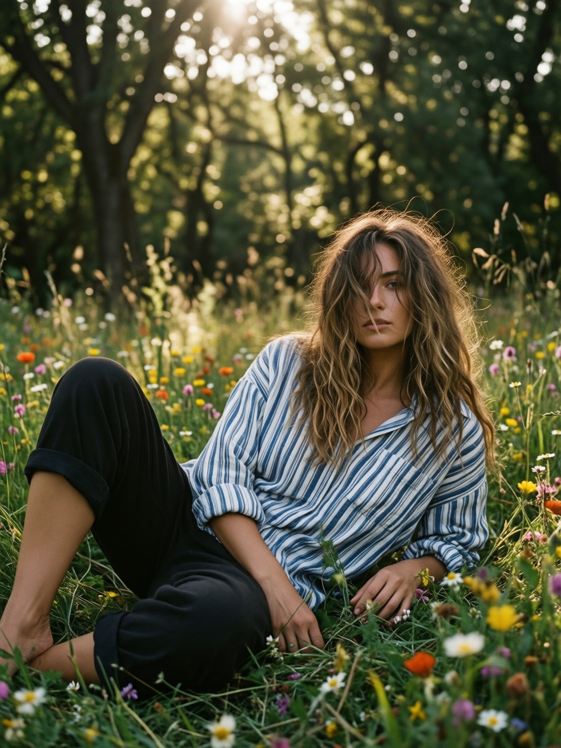 Sunlit Relaxed Woman in Wildflower Field — AI generated image