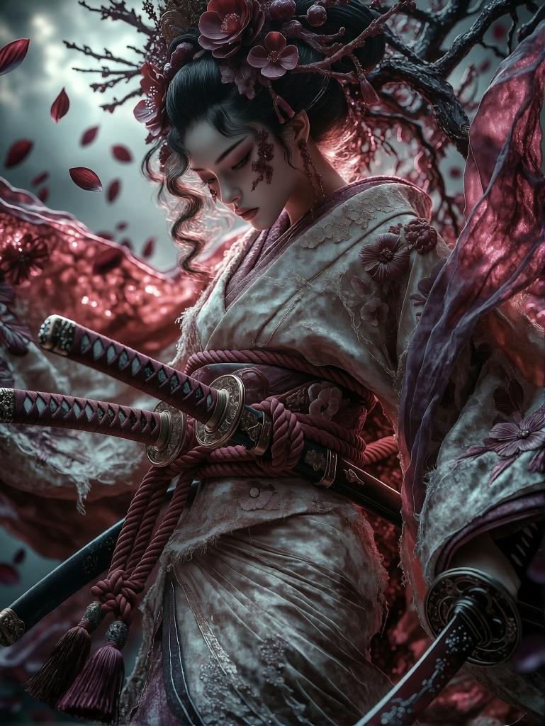 Dark Fantasy Warrior in Ornate Kimono