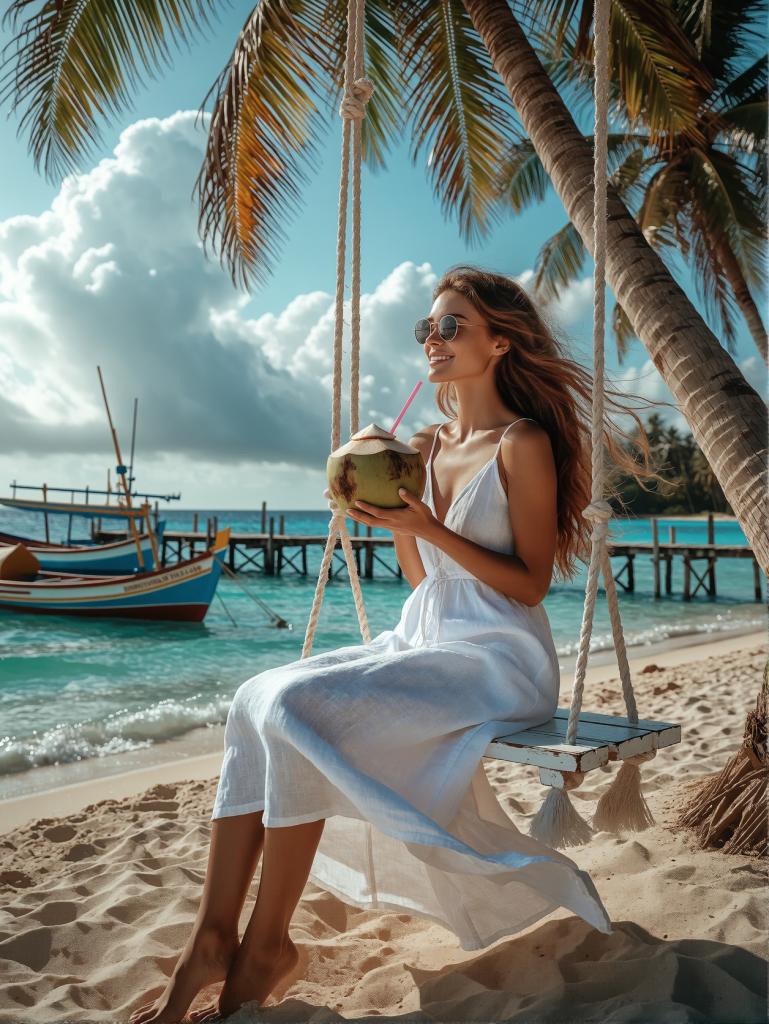 Sun-Kissed Woman on Seaside Swing