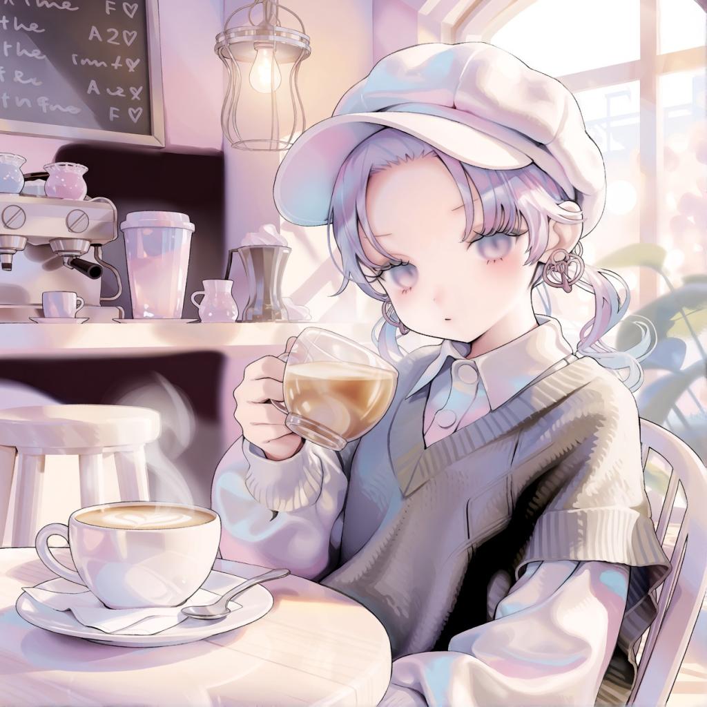 Stylish Anime Character in Cozy Cafe