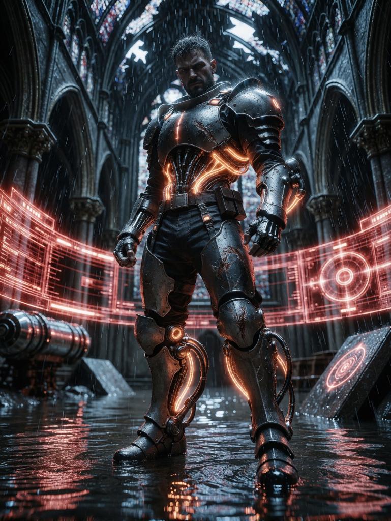 Cybernetic Warrior In Flooded Gothic Cathedral