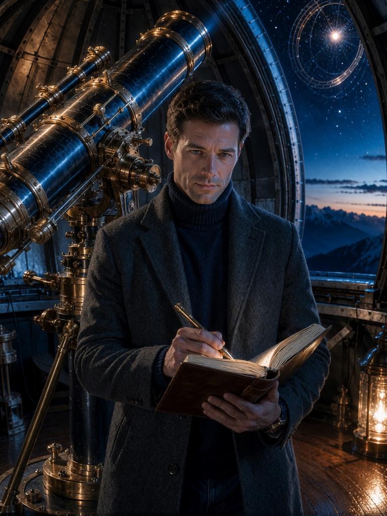 Astronomer Standing In Observatory Dome At Twilight