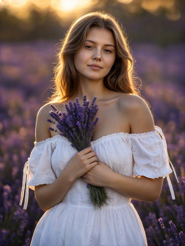 Woman In Lavender Field At Sunset