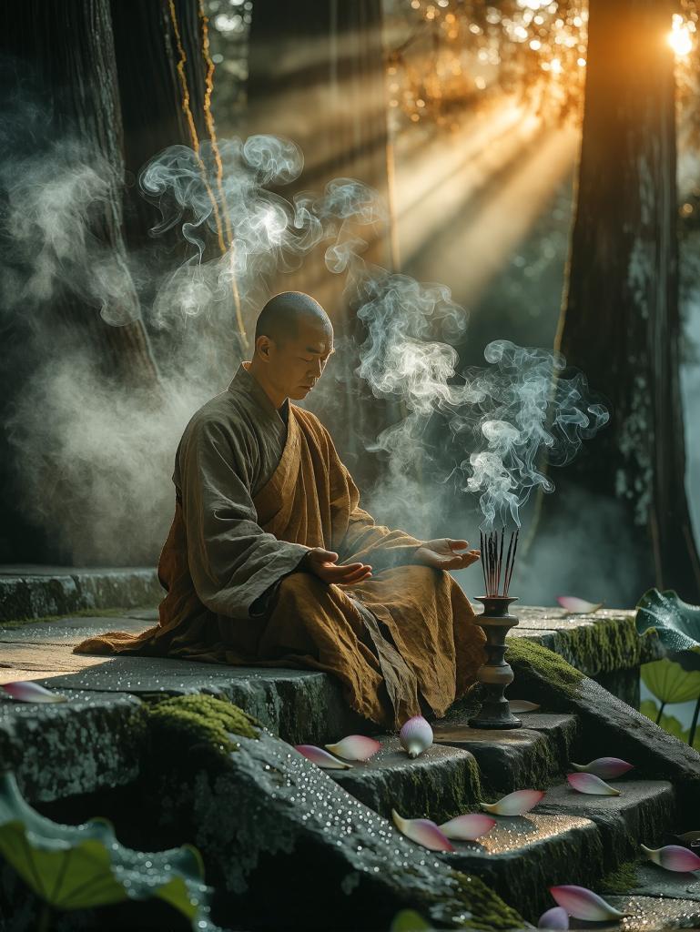 Monk Meditating In Misty Dawn