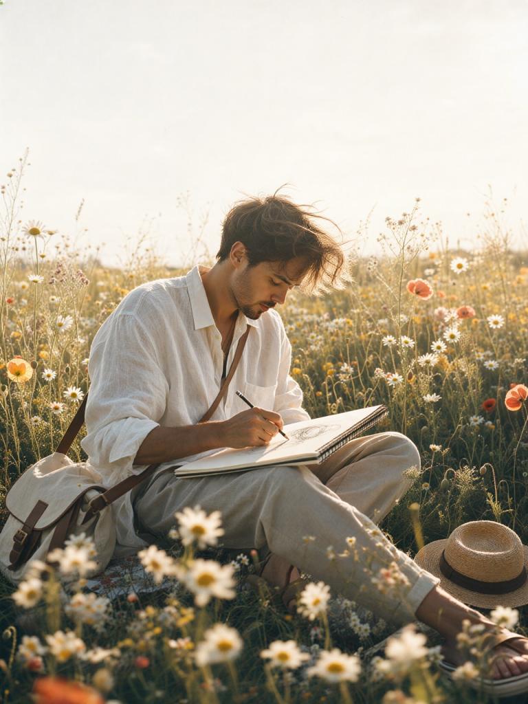 Man Sketching In Sunlit Wildflower Meadow